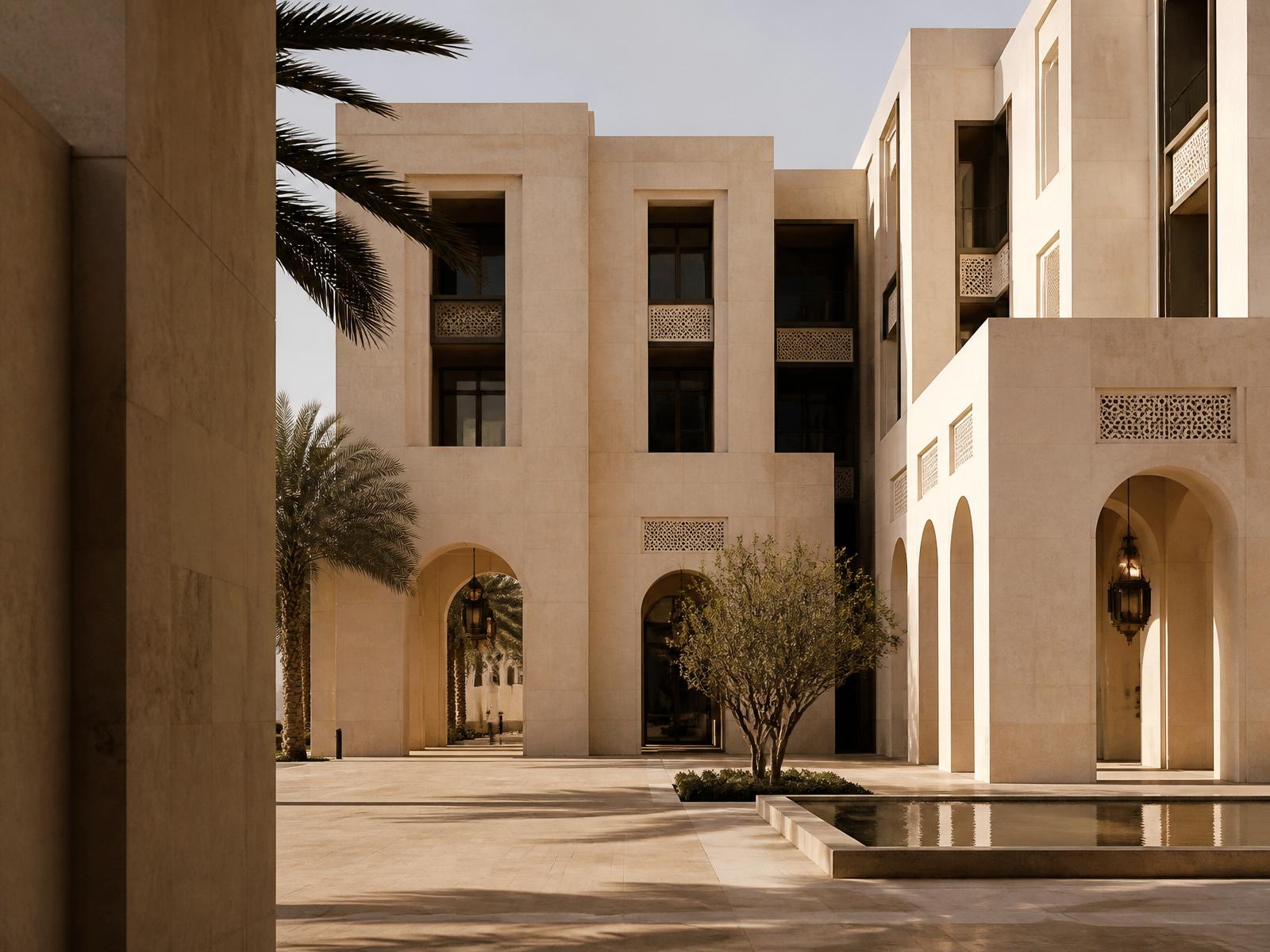 A quiet Gulf limestone courtyard at dusk with arches, palm shadows and a still reflecting pool.