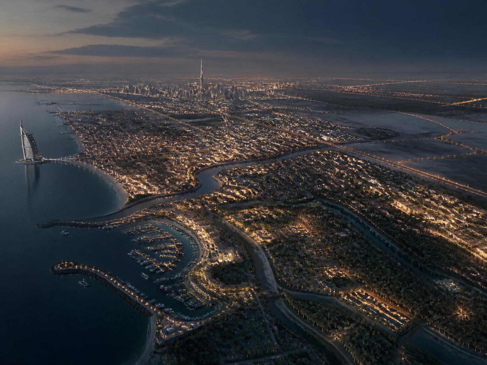 Aerial view of a Gulf coastal ecosystem at blue hour — city, harbour and desert edge lit by warm light.